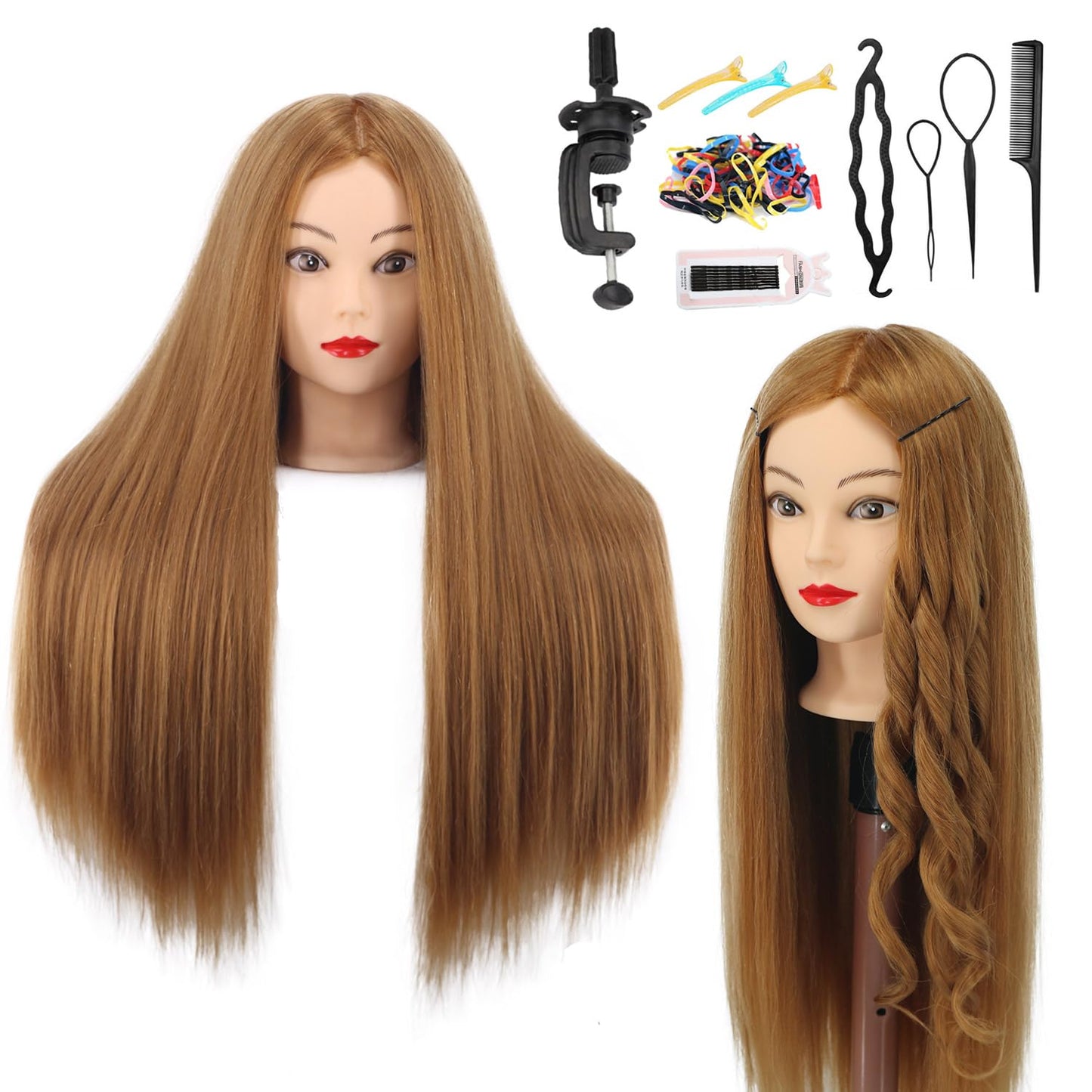 White Smoke Mannequin Head Human Hair, 80% Real Hair 26-28" Cosmetology Mannequin Head Hair Styling Hairdressing Practice Training Doll Heads with Clamp Holder and Tools (#27 Light Brown)