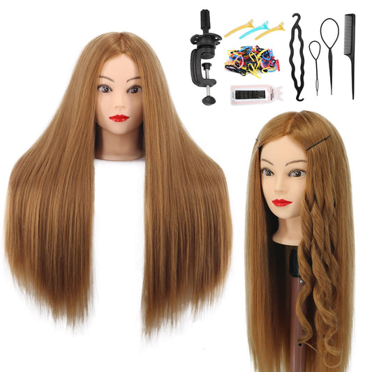 White Smoke Mannequin Head Human Hair, 80% Real Hair 26-28" Cosmetology Mannequin Head Hair Styling Hairdressing Practice Training Doll Heads with Clamp Holder and Tools (#27 Light Brown)