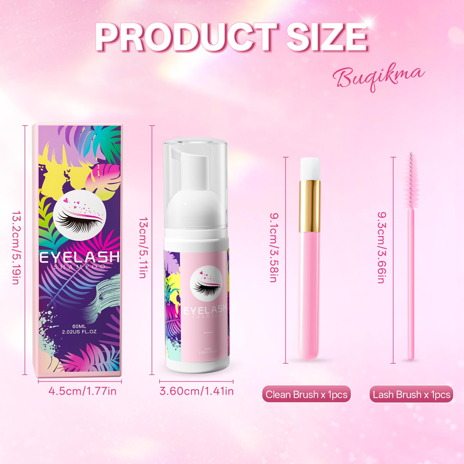 Lavender Blush Buqikma Lash shampoo for Eyelash Extension, 60Ml/2.02 fl.Oz Eyelash Shampoo Kit with Lash Wash Brushes Gentle Lash Extension Cleanser for Professional Salon and Home Eyelash Care