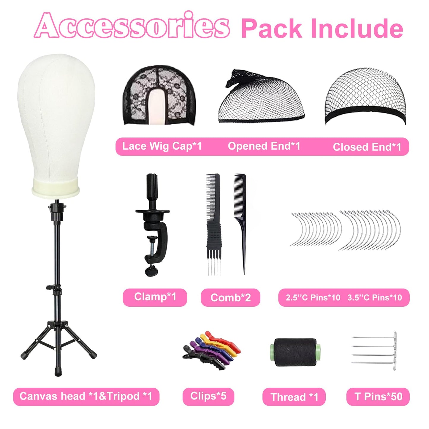 White Smoke Firstwon 22 Inch Wig Head Mannequin Head for Wigs, Wig Stand with Head for Hair Styling Practice Display Wigs Making Tripod Stand with T Pins Set