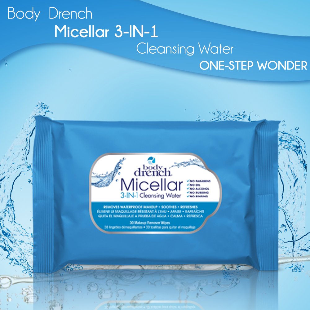 Light Sky Blue Body Drench 3-in-1 Micellar Water Makeup Remover Wipes – Removes Waterproof Makeup, Facial Cleanser, 30 Ct. (6 Pack)