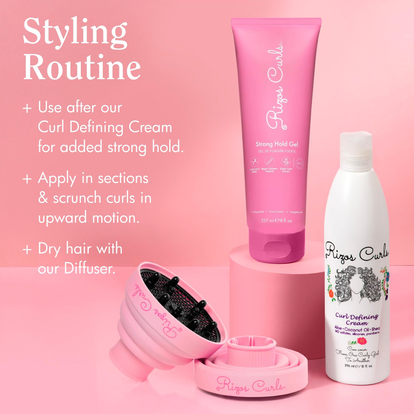 Light Pink Rizos Curls Strong Hold Gel - Long-Lasting, Flake-Free Gel for Curly, Coily, and Wavy Hair, Frizz Control, Curl Definition & Shine, Vegan Collagen Peptides & Sugar Cane Extract, 8oz
