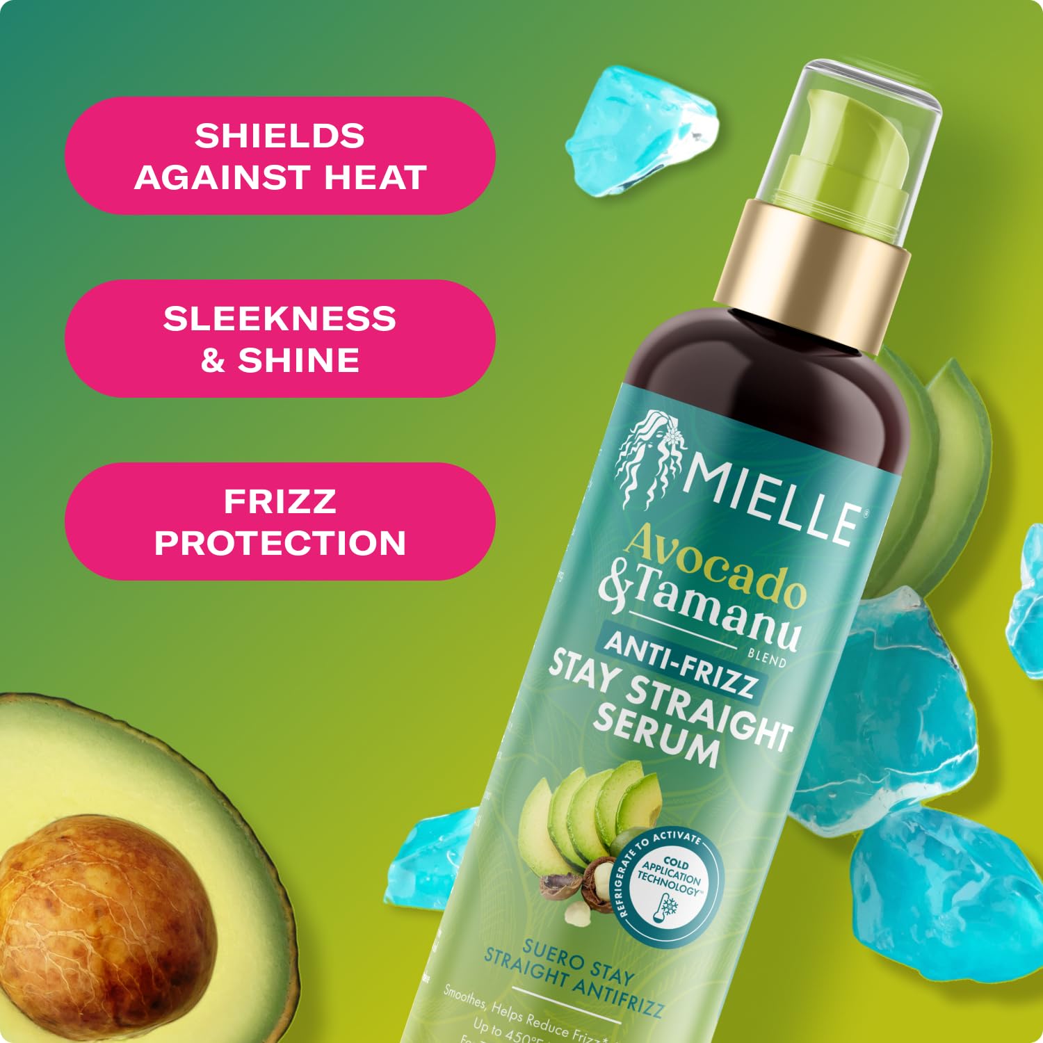 Yellow Green Mielle Organics Avocado & Tamanu Anti-Frizz Hair Serum - Stay Straight Smoothing Treatment & Heat Protectant for Textured Strands - Humidity Shield, Shine Enhancer for Lasting Straight Hair Looks, 6oz