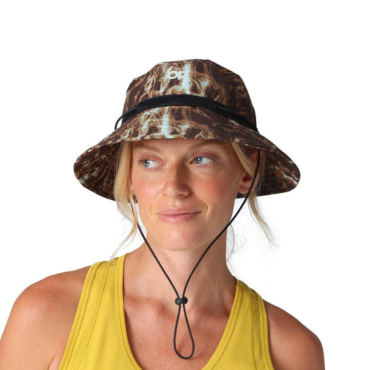 White Smoke Outdoor Research Odyssey Bucket Hat | Water Resistant, Quick Drying, Moisture Wicking, Adjustable Chin Strap Cord, 2.75" Floating Brim Stiffened with Foam, UPF 50+, Chestnut Alcove Print, L/XL