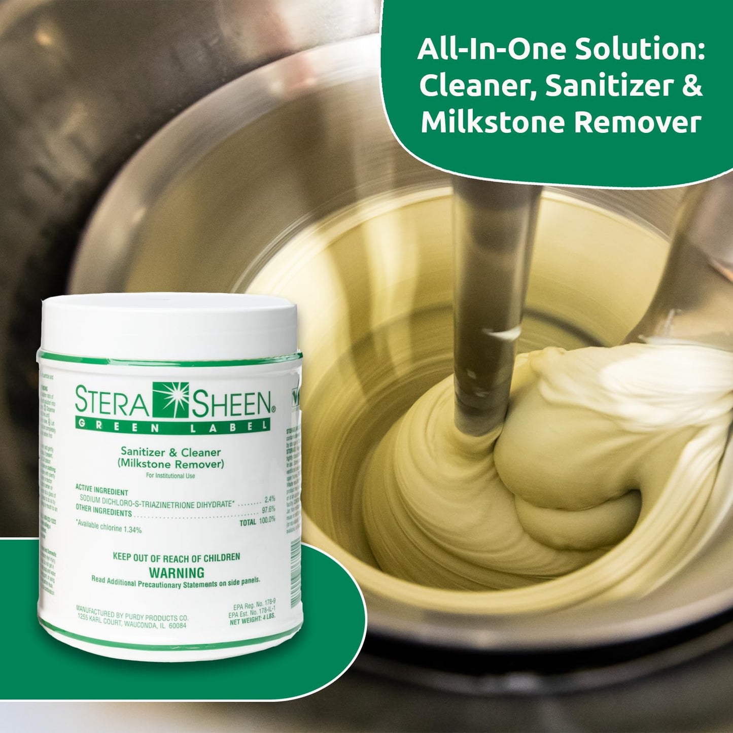 Dark Olive Green Stera Sheen 16lb Green Label Ice Machine & Ice Maker Cleaner + Sanitizer - Milkstone Remover & Descaler for Scotsman, Soft Serve Equipment, Food-Contact Surface - Restaurant-Grade - 4lb Jars, 4 Pack