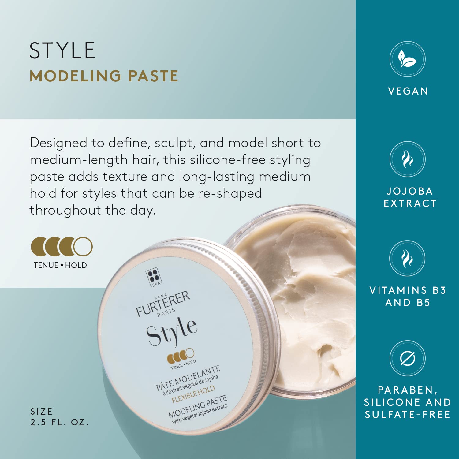 Light Steel Blue Rene Furterer STYLE Modeling Paste - Sculpts & Texturizes - Flexible Hold - With Moisturizing Jojoba Extract - All Hair Types - Vegan & Silicone-Free - 2.5 fl. oz.