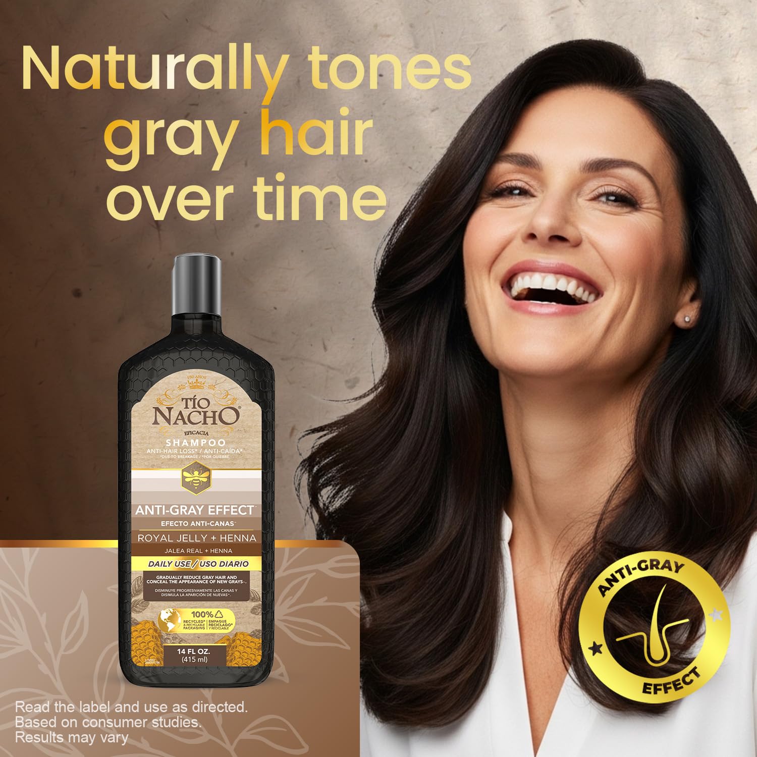 Black Tio Nacho Anti-Gray Effect Shampoo with Henna and Royal Jelly, Gray Coverage Shampoo and Hair Dye for Women and Men, Natural Henna Hair Color Shampoo for Gray Blending, Daily Use, 14 fl oz