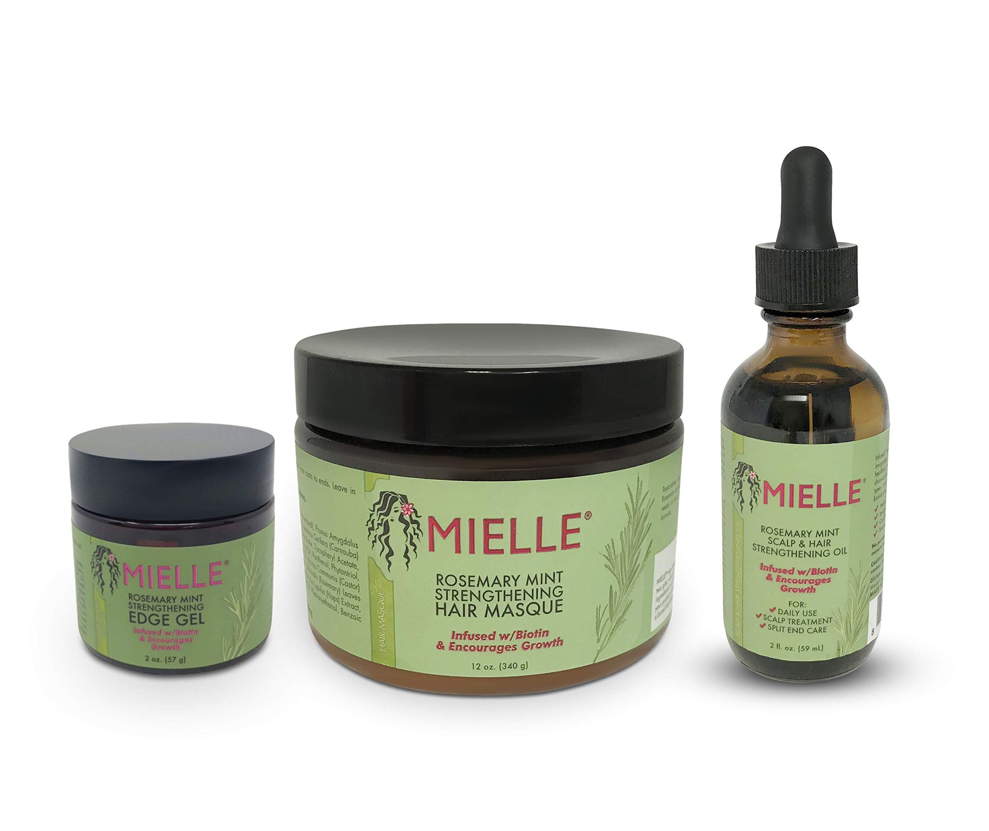 White Smoke Mielle Organics Complete COMBO: Rosemary Mint Organic Hair Oil (2 fl oz), Hair Masque (12 fl oz), Strengthening Edge Gel