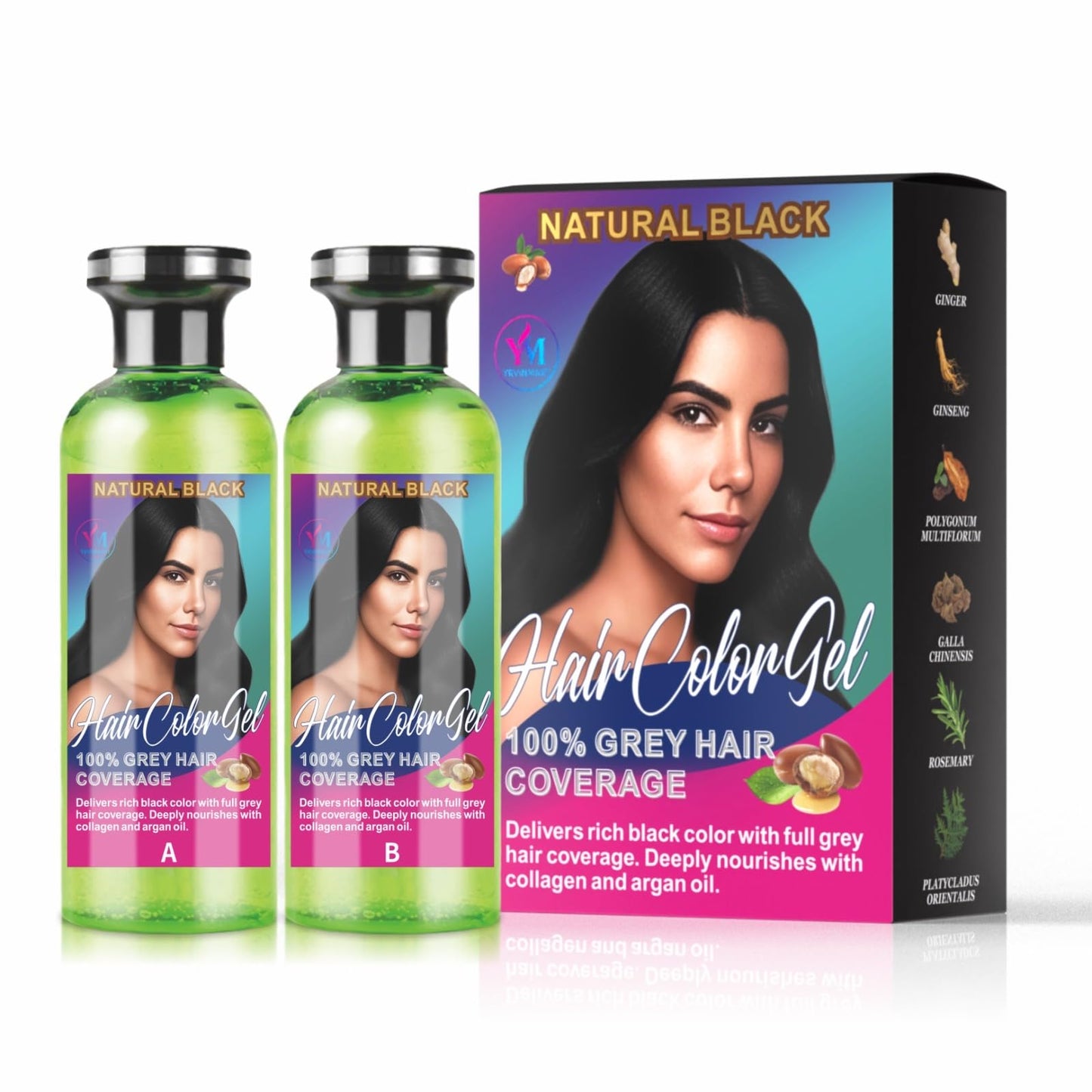 White Smoke Hair Dye – Natural Black – 2-Part Gel with Collagen & Argan Oil – No Ammonia – 100% Gray Coverage – Long-Lasting Semi-Permanent Hair Color for Men & Women