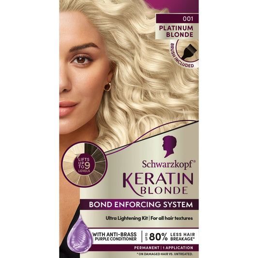 Dark Gray Schwarzkopf Keratin Blonde Hair Dye, 001 High Lift Platinum Blonde, Professional Quality Permanent Hair Color, Bond Enforcing System, Pre-Color Serum & Purple Conditioner Included