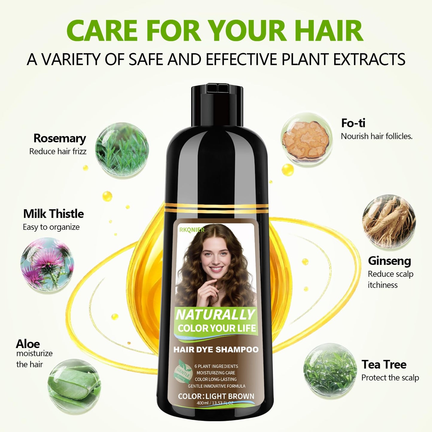 White Smoke RKQNIER Light Brown Hair Dye Shampoo for Women & Men, 15 Min Gray Coverage, 3 in 1 Semi-Permanent Color with Natural Herbal Ingredients, Lasts 60 Days