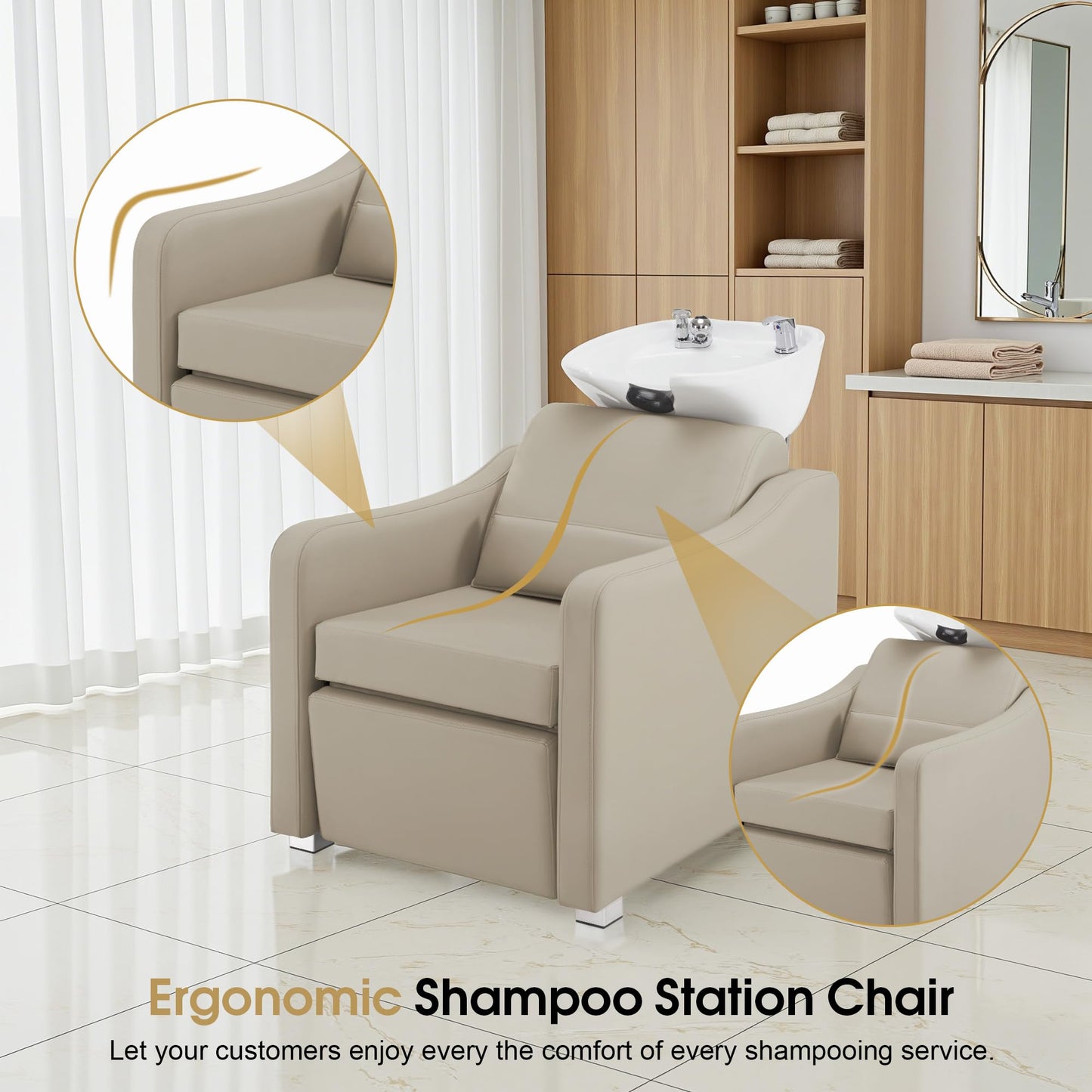 Lavender BarberPub Backwash Shampoo Station Chair, Adjustable Porcelain Ceramic Hair Wash Bowl with Chair, Shampoo Station for Barber Shop, Spa Beauty Salon Equipment 9364 (Creamy White)