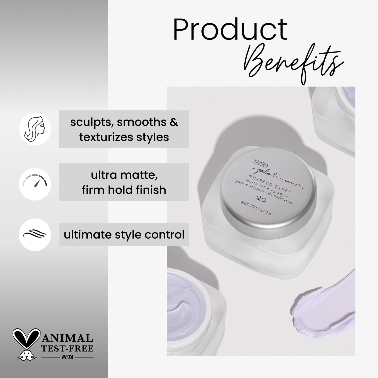 White Smoke Kenra Professional Platinum Whipped Taffy 20 | Matte Defining Paste | Delivers An Ultra-Matte, Firm Hold Finish | Sculpts, Smooths & Texturizes Styles | All Hair Types | 2fl. Oz