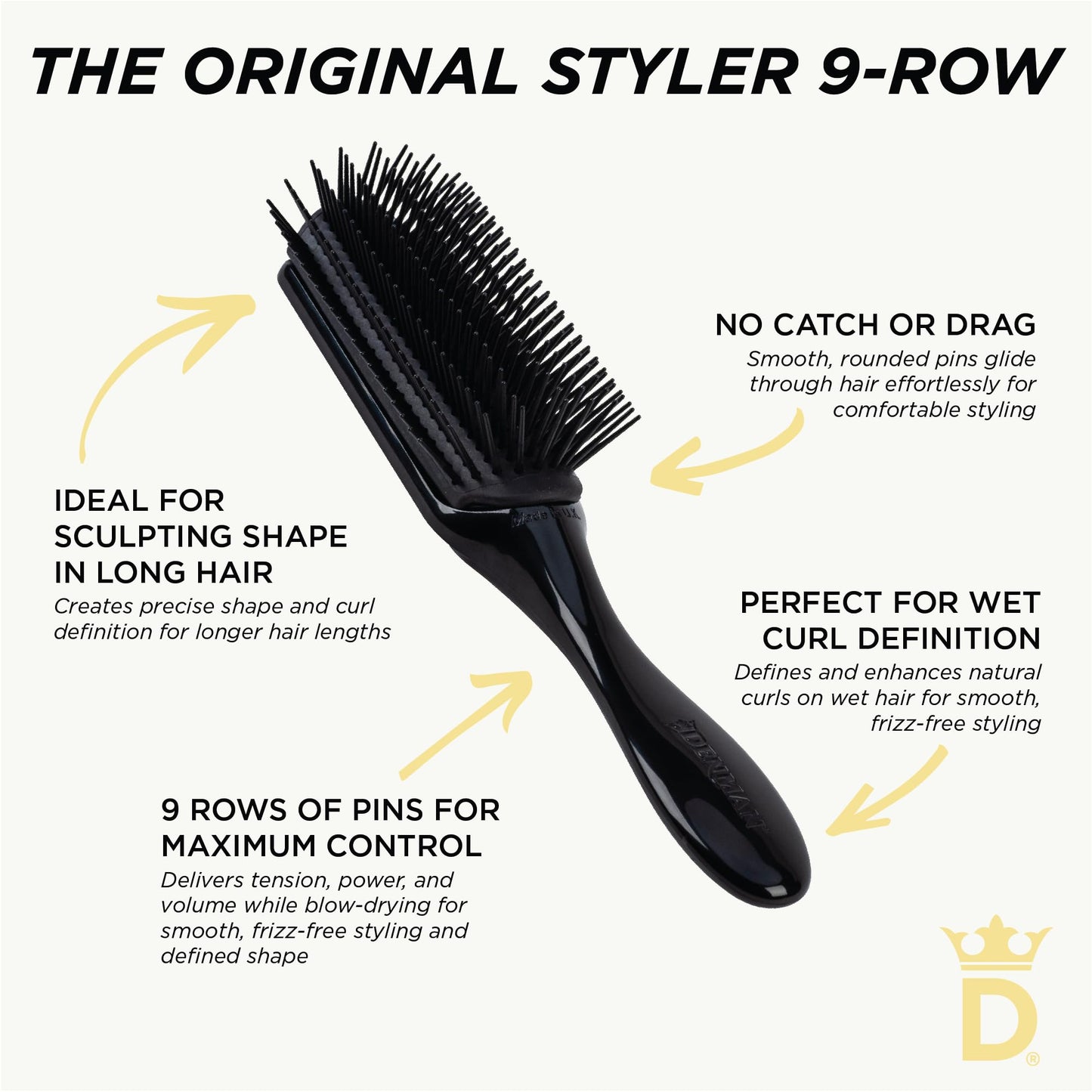 White Smoke Denman Curly Hair Brush D4 (All Black) 9 Row Styling Brush for Styling, Smoothing Longer Hair and Defining Curls - For Women and Men