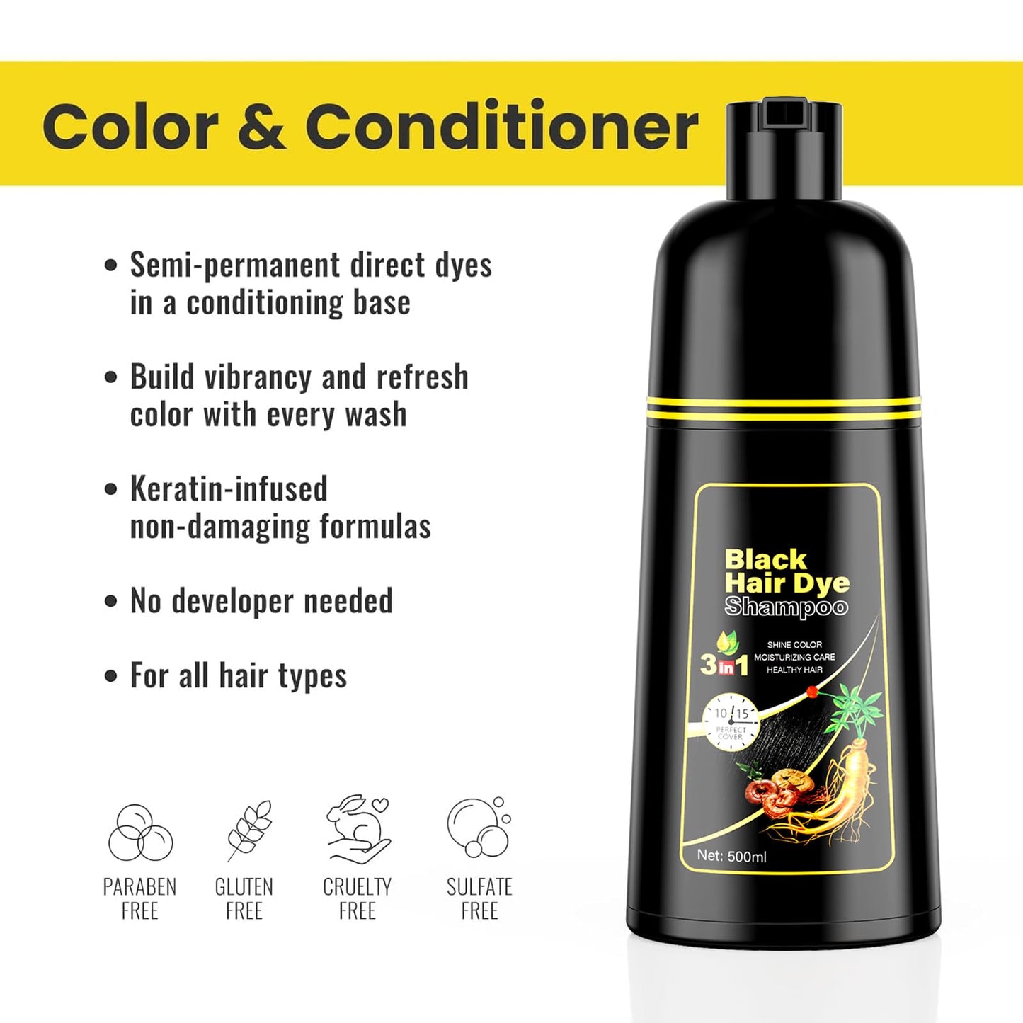 White Smoke KINGMING Black Hair Dye Shampoo 3 in 1 for Gray Hair, Hair Color Shampoo for Women Men Grey Hair Coverage, Herbal Ingredients Champu Con Tinte Para Canas 500ml (Black).