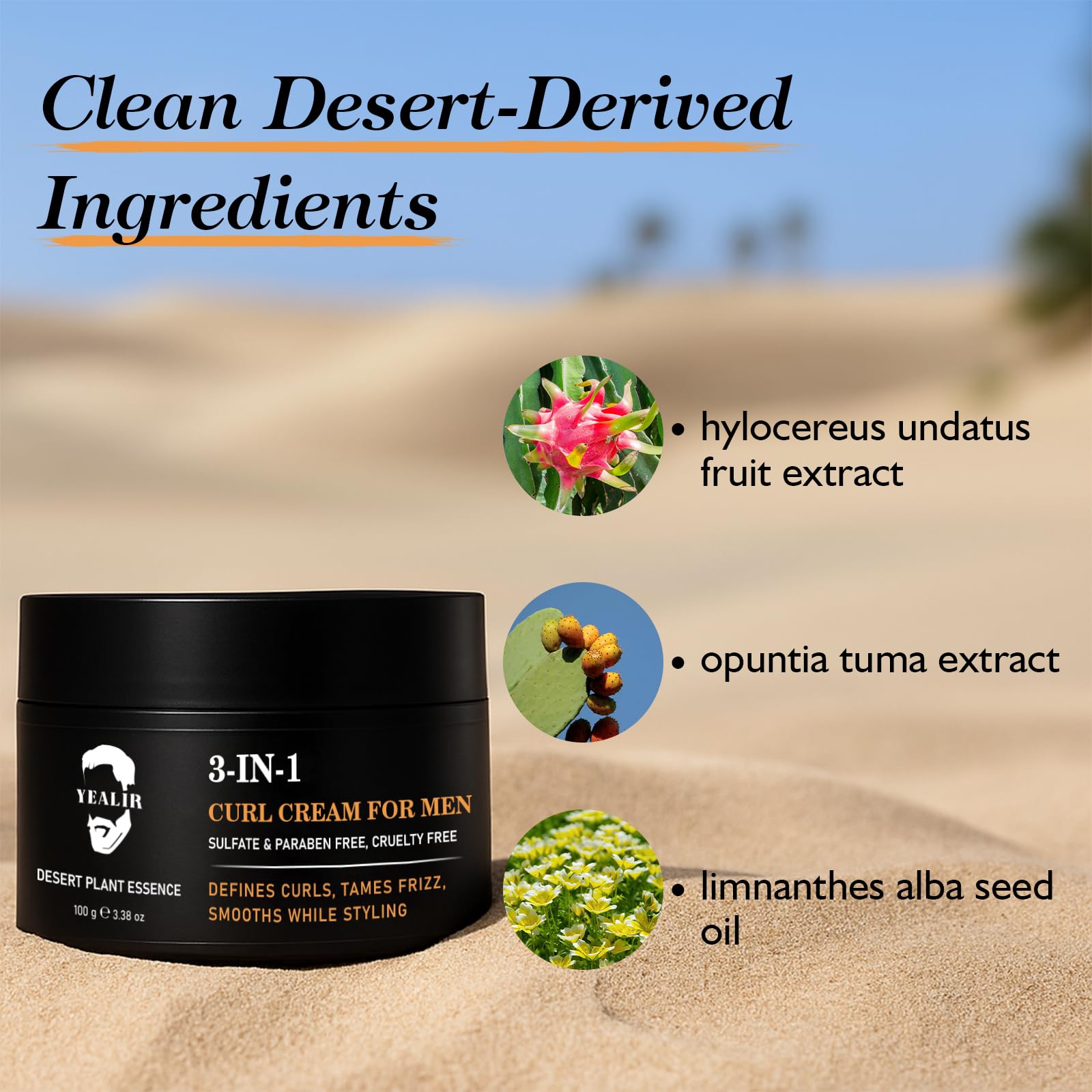 Tan 3-in-1 Curl Cream for Men - Defines Curls, Tames Frizz, Adds Smoothness and Texture for Curly and Wavy Hair, Hair Styling Cream with Desert Derived Extracts, Sulfate - Free 3.38 oz