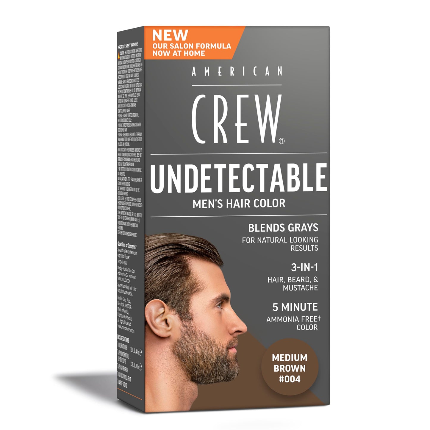 White Smoke American Crew Undetectable Men's Hair Color |Medium Brown Demi-Permanent Hair Dye | Natural-Looking Gray Coverage for Men, 004 Medium Brown, 1 pack