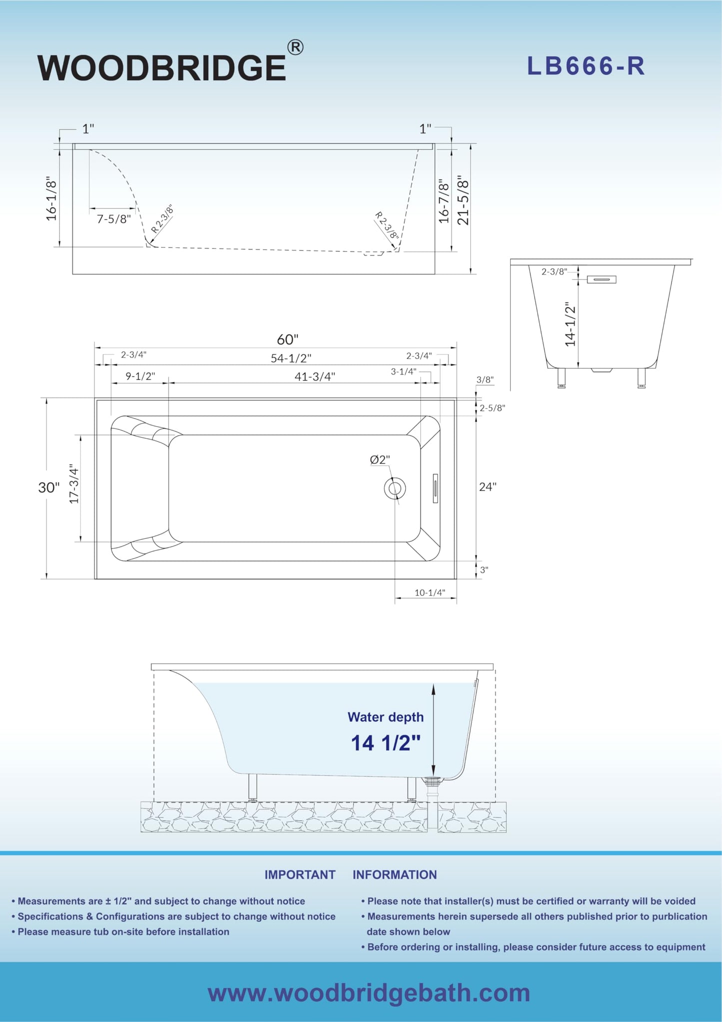 White Smoke WOODBRIDGE 60" Acrylic Rectangular Alcove Soaking Bathtub in White with Right Drain, Matte Black pop-up Drain Included, LB666-R