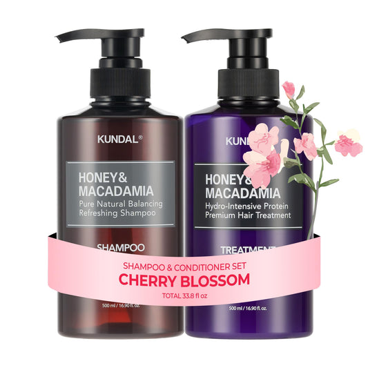 White Smoke KUNDAL Korean Shampoo and Conditioner Set [Cherry Blossom] Salon-quality, Long Lasting Scent, Moisturizing, Sulfate-Free, Argan & Macadamia Oil, Korean Hair care,16.9 fl oz each