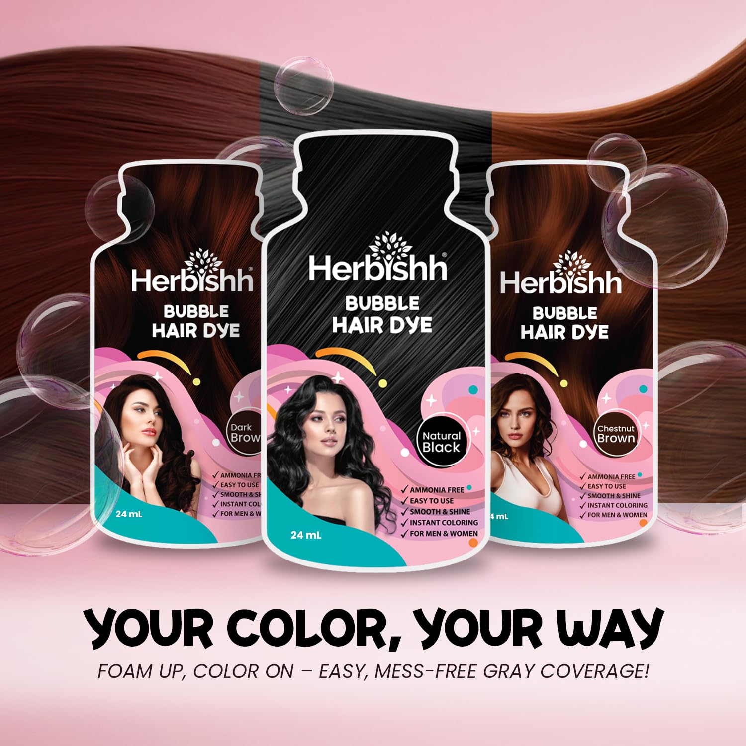 Thistle Herbishh Bubble Foam Hair Dye Shampoo, 3 in 1 Dye for 100% Grey Coverage, Permanent & Instant Hair Coloring for Men & Women, Long-lasting & Travel-friendly, Ammonia-free, 10 Sachet x 24 ml (Black)
