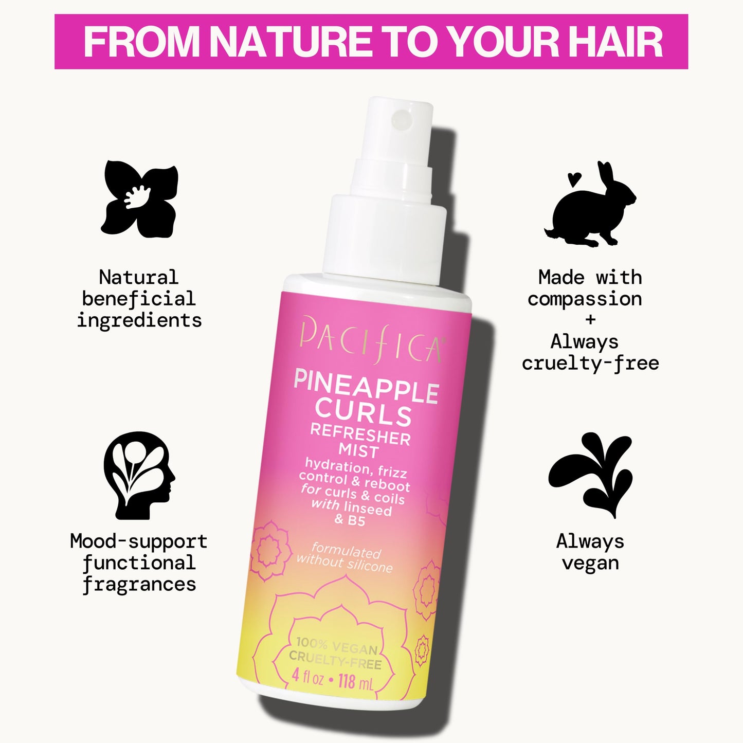 White Smoke Pacifica Pineapple Curls Refresher Mist | Second Day Hair Revitalizing Spray | Frizz Control Detangler & Hydrating Leave In | Defines Wavy & Curly Texture | Silicone Free Vegan | 4 Fl Oz