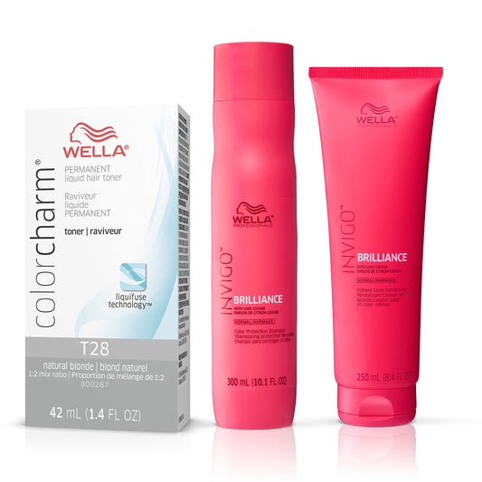 White Smoke WELLA Color Charm Invigo Brilliance Color Protection Shampoo & Conditioner, For Fine Hair + Hair Toner, Neutralize Brass, T28 Natural Blonde