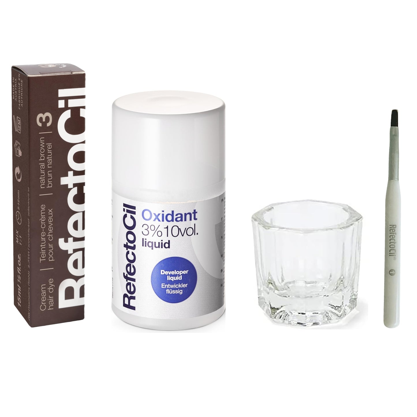 White Smoke RefectoCil Natural Brown (#3) Hair Tinting Kit Includes Cream Hair Dye + Liquid Oxidant 3% + Mixing Brush & Mixing Dish