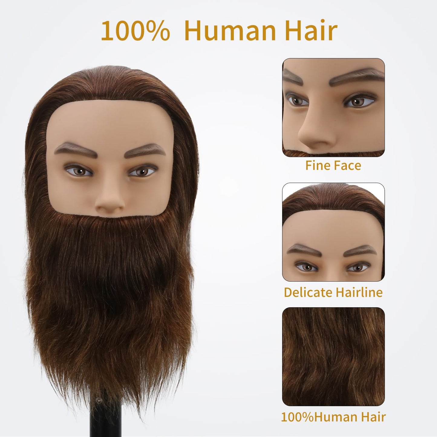 White Smoke Male Mannequin Head,Training Head with 100% Human Hair 12inch Barber Mannequin Head Male Mannequin Head With Beard for Hair Styling, Practicing Cut Styling（Dark Brown）