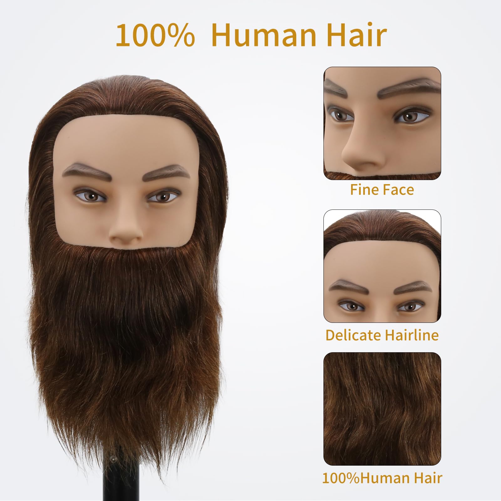 White Smoke Male Mannequin Head,Training Head with 100% Human Hair 12inch Barber Mannequin Head Male Mannequin Head With Beard for Hair Styling, Practicing Cut Styling（Dark Brown）