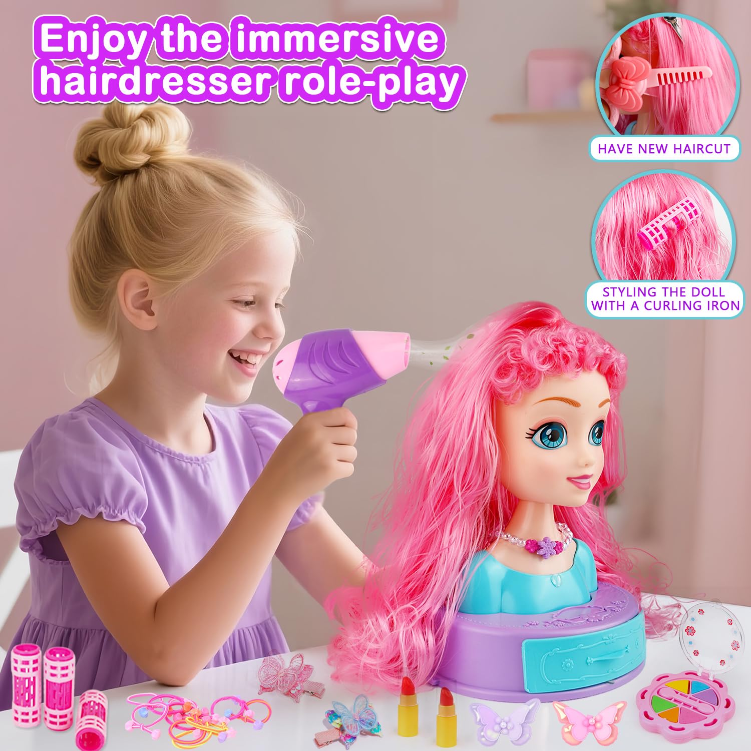 Dark Gray Kryonixty 4-in-1 Doll Head for Hair Styling Kids-9Inch,41pcs Hair Salon Toys Makeup Kit Princess Accessories Pretend Play Toys Birthday Gifts for 3-8 Year Old Girls