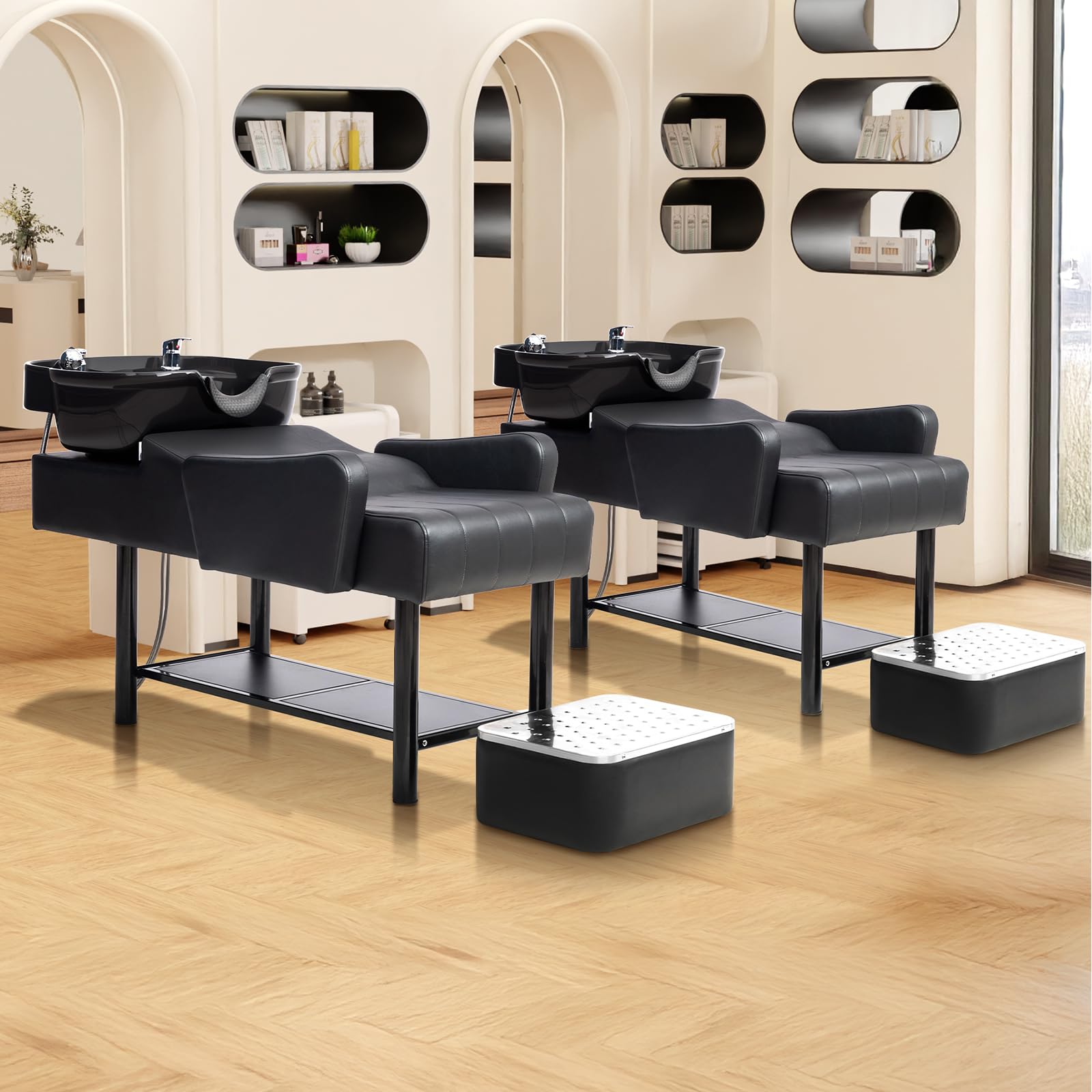 Light Goldenrod Shampoo Bowl and Chair Set for Salon, Hair Washing Station for Hair Stylist, ABS Shampoo Sink with Footrest & Bottom Storage for Spa Beauty Barbershop