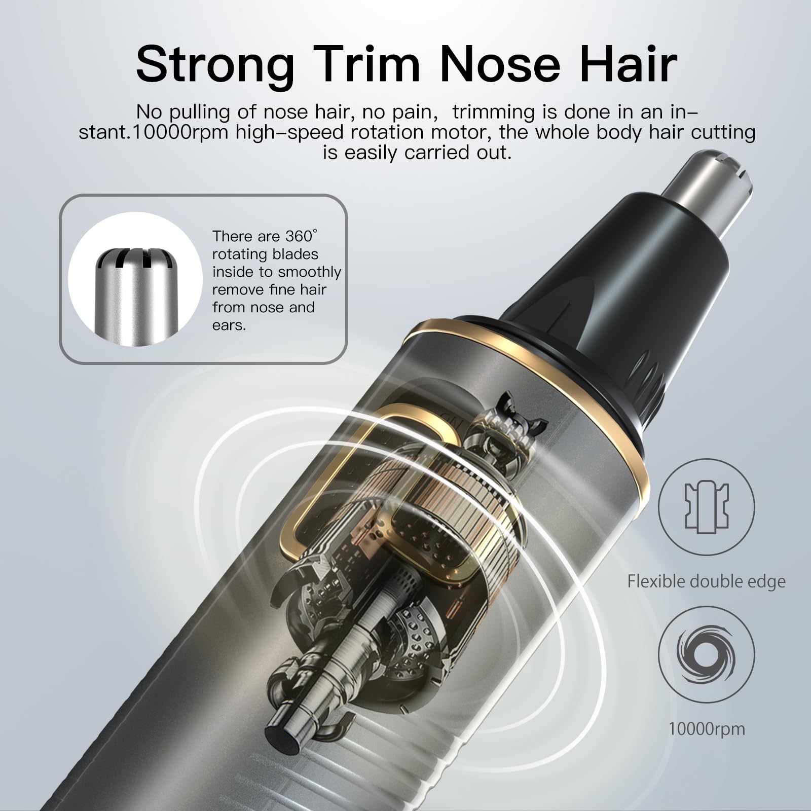 Light Gray XOOMRSCP Nose Hair Trimmers for Men，Rechargeable Hair Trimmer 2 in 1 Painless Multifunctional Ear and Nose Hair Trimmer with IPX7 Waterproof Dual Edge Blades (Grey)