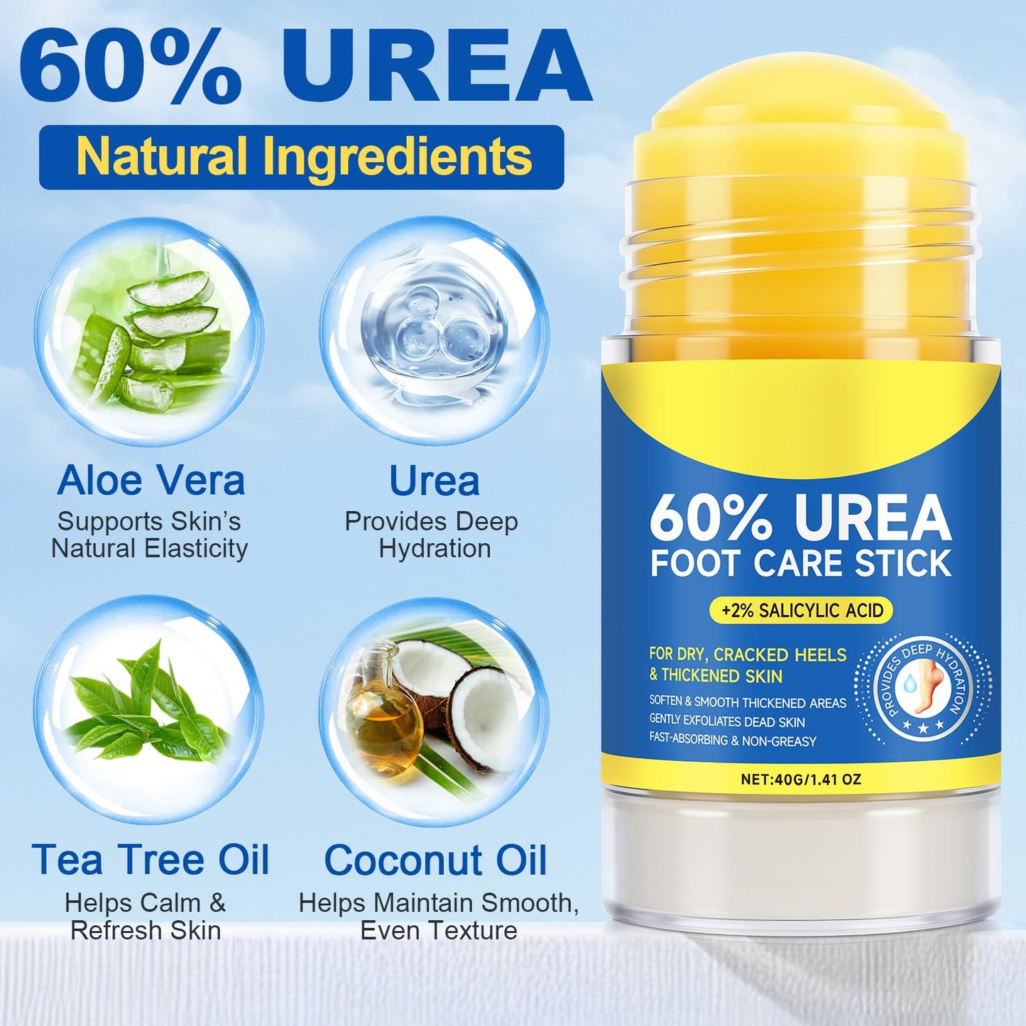 Light Blue 60% Urea with 2% Salicylic Acid Urea Foot Care Stick, Foot Cream Moisturizer for Dry Cracked Feet, Knees, Elbows, Hands,Moisturizes and Hydrates the Dry Skin,Callus Remover & Skin Softener -1.41oz