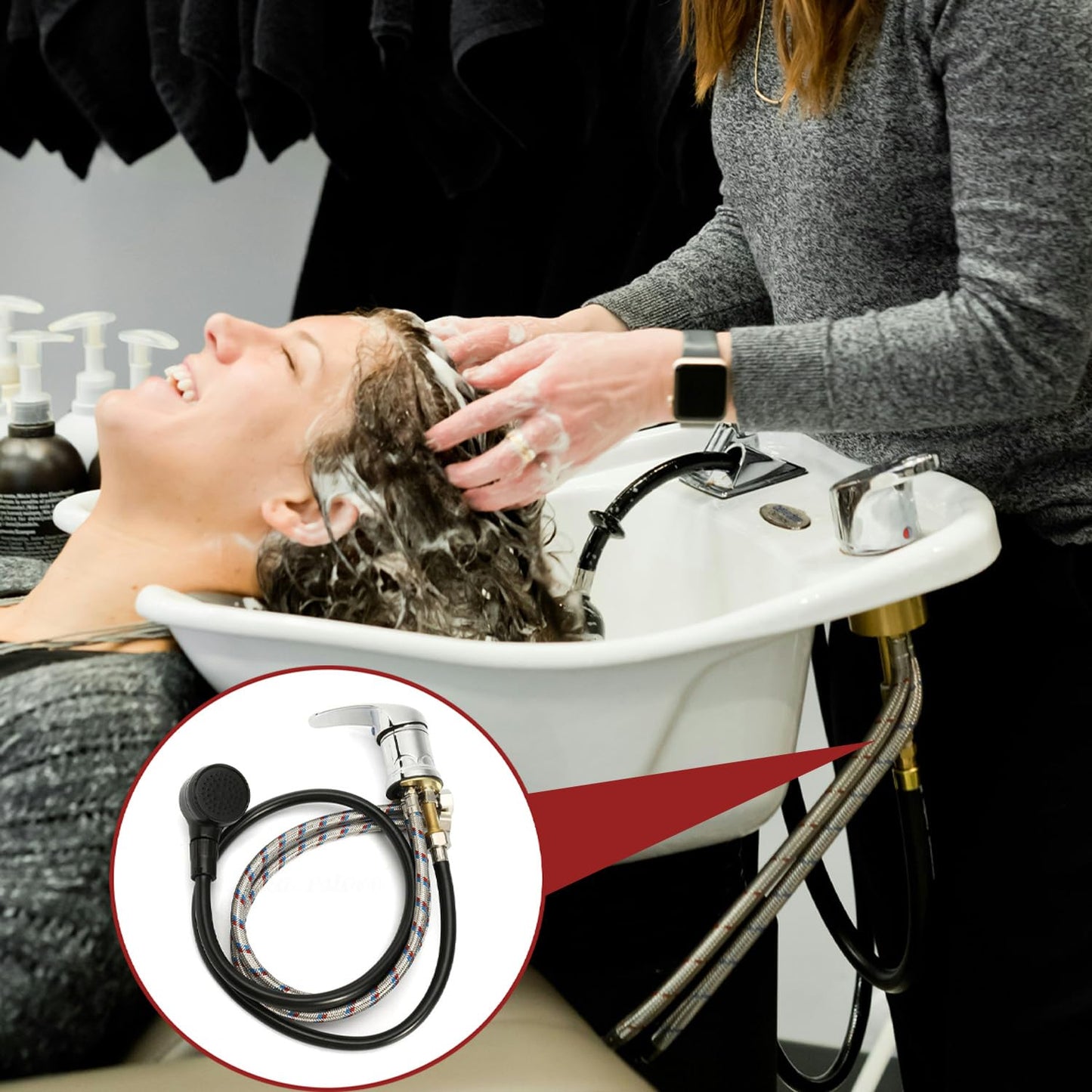 Black Reicyfang Basin Faucet Shower Head Wash Hair Tap Mixing Valve, Brass Salon Shampoo Bowl Faucet and Sprayer Kit, Salon Sink Faucet Replacement or Salon Sink Parts, Salon Spa Hot Cold Mixer
