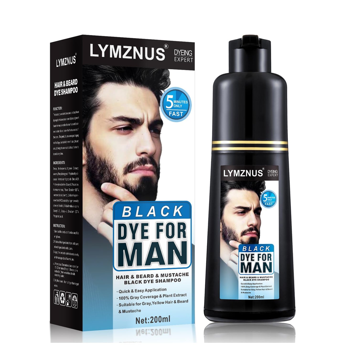 White Smoke Men's Mustache & Beard Dye for Gray Hair Coverage - Natural Black Color in 5 Minutes, Easy Application Shampoo for Facial Hair 200ml