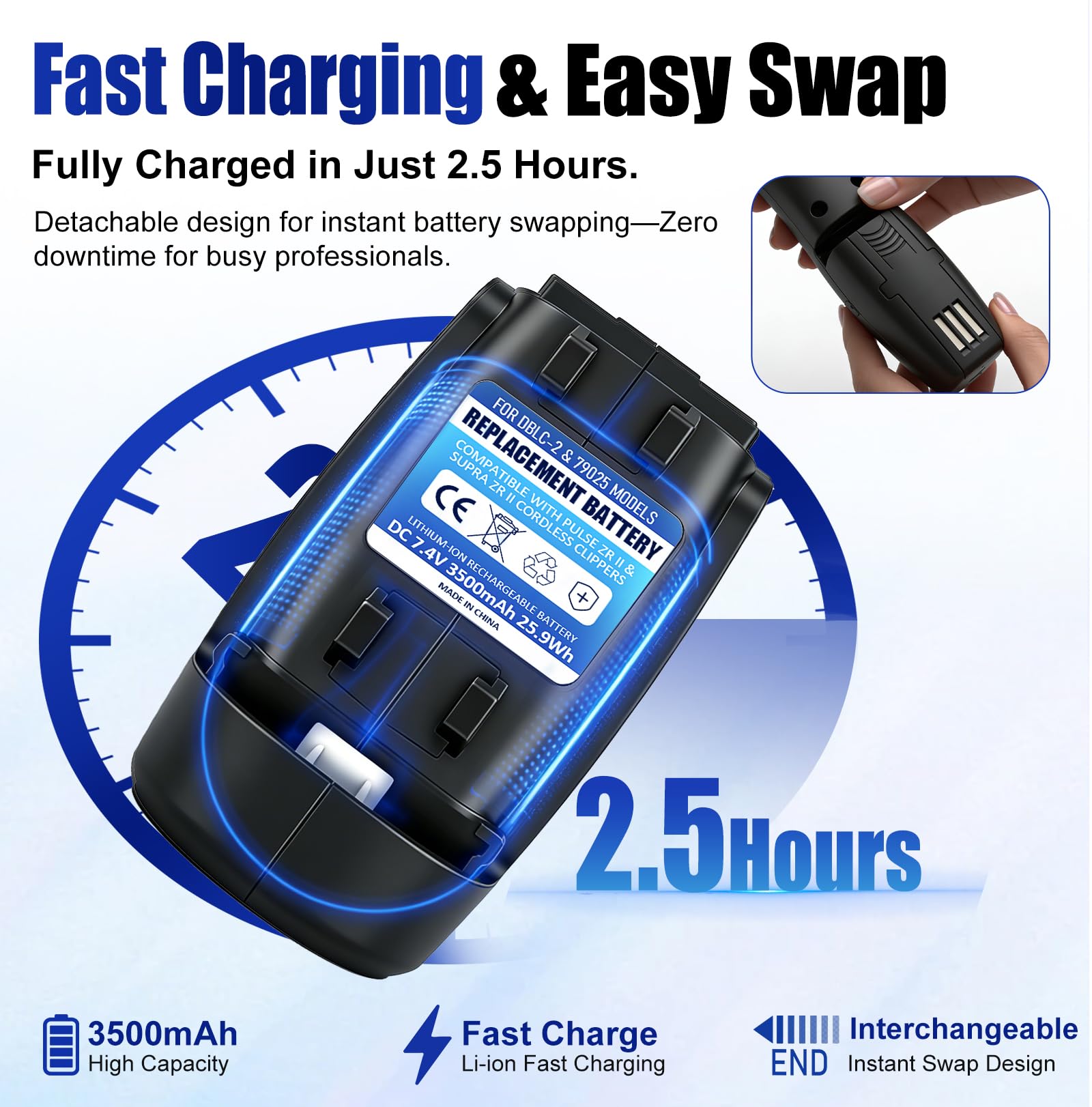 White Smoke Loarysk Upgrade High-Capacity 3500mAh Replacement Lithium-ion Battery for DBLC-2 & 79025 Models,Compatible with Andis Pulse ZR II & Supra ZR II Cordless Clippers (1 Pack)