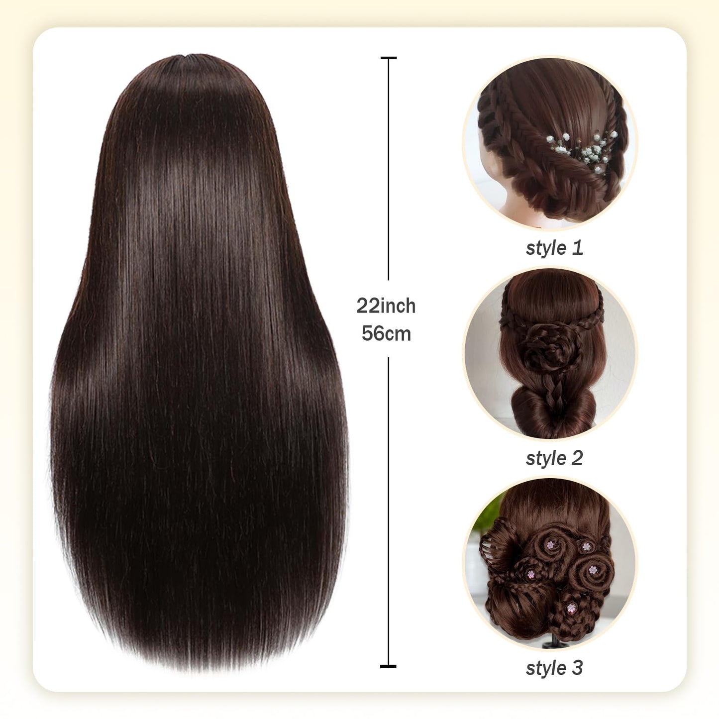 White Smoke 22" MQHIHI Mannequin Head Human Hair Cosmetology Manikin Doll Head with 80% Real Hair for Hairdresser Practice Cutting Braiding Hair Styling with Clamp Holder and Tools (Dark Brown)