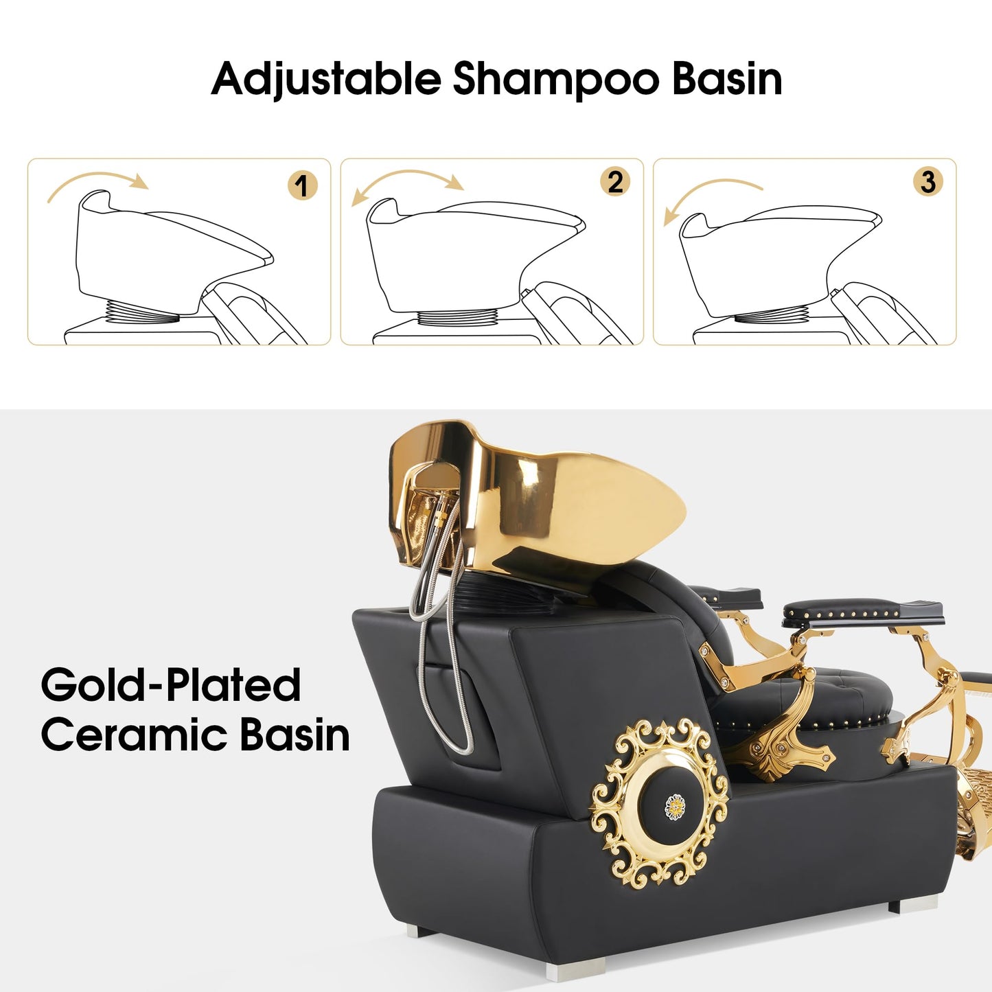 White Smoke BarberPub Backwash Shampoo Station Chair, Retro Adjustable Porcelain Ceramic Hair Wash Bowl Unit Station, Shampoo Barber Chair with Vacuum Breaker for Spa Beauty Salon 8610 (Black&Gold)