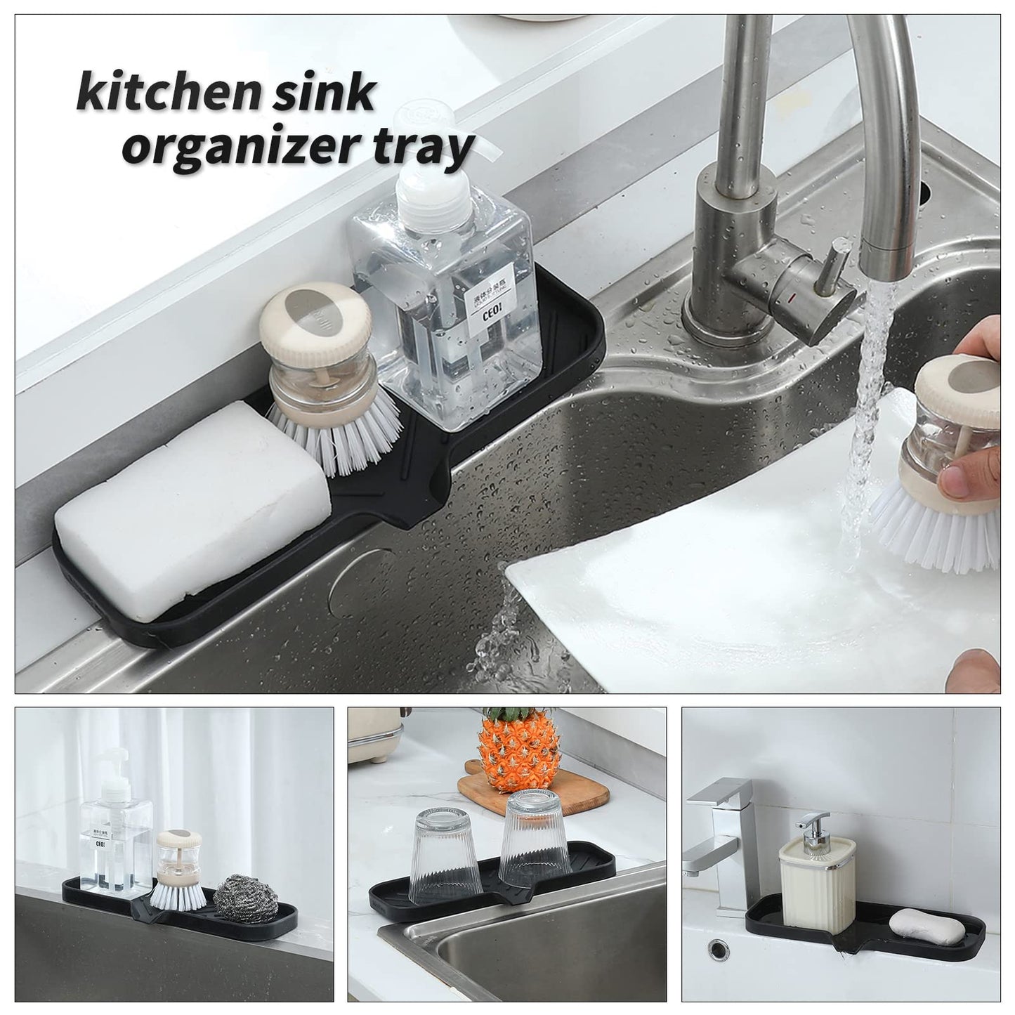 White Smoke MicoYang Silicone Bathroom Soap Dishes with Drain Spout-Bathroom and Kitchen Sink Organizer,Sponge Holder,Dish Soap Tray,Perfect for Dispenser,Scrubber,Bottle,Cup on Sink or Counter-Black 12"×4"
