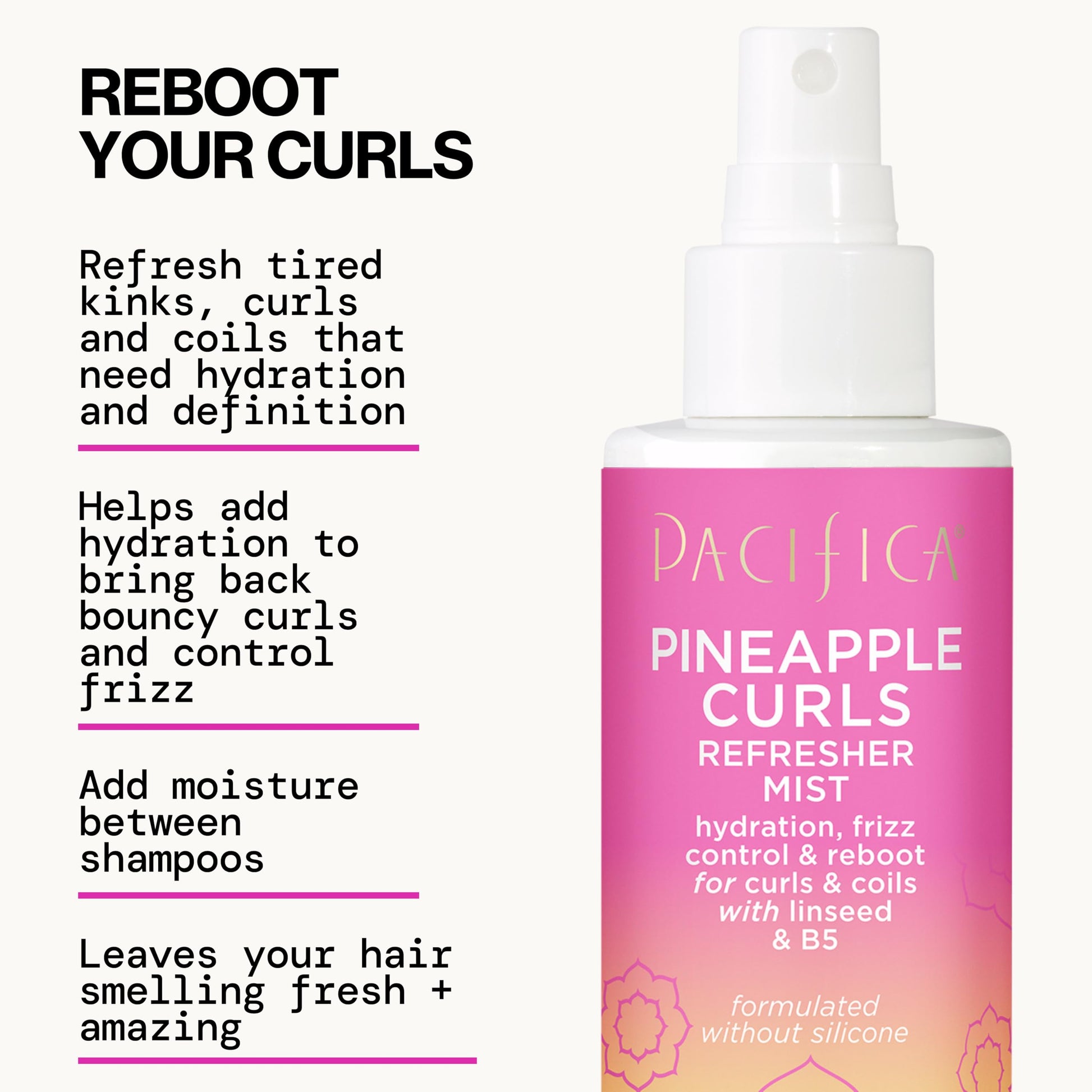 White Smoke Pacifica Pineapple Curls Refresher Mist | Second Day Hair Revitalizing Spray | Frizz Control Detangler & Hydrating Leave In | Defines Wavy & Curly Texture | Silicone Free Vegan | 4 Fl Oz