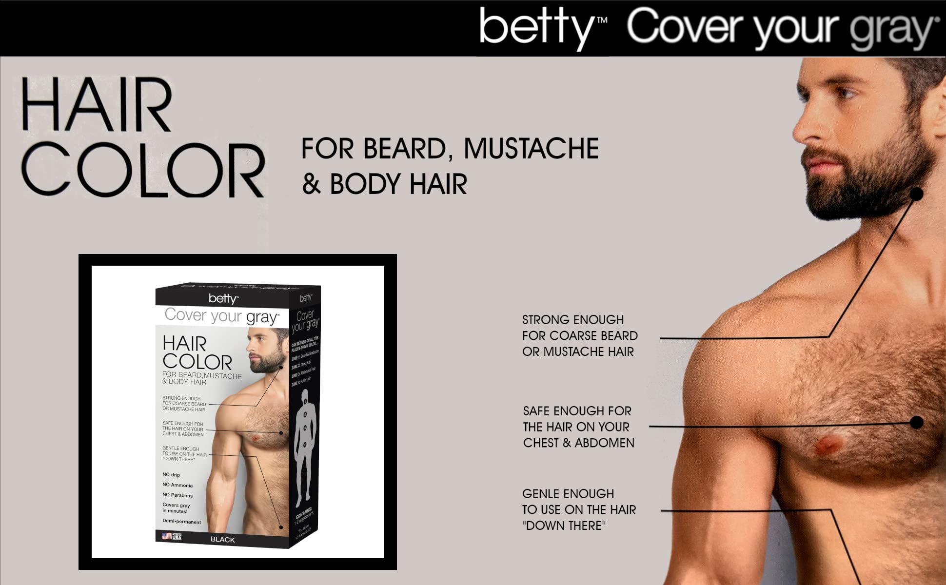 Gray Betty Cover Your Gray Mens Hair Color for Beard, Mustache & Body Hair - Brown