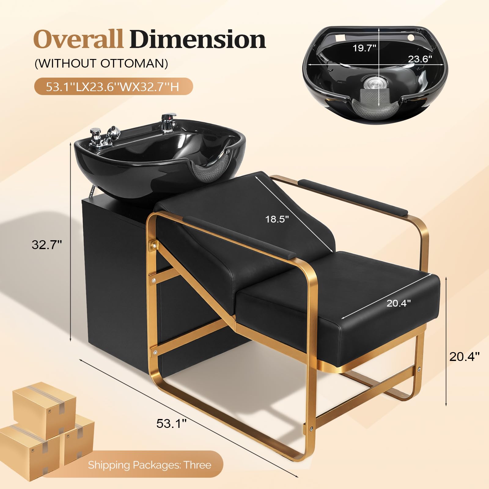 Antique White OmySalon Shampoo Chairs for Salon, Stainless Steel Frame & UPC Certified Shampoo Bowl & Footrest, Hair Washing Station, Backwash Unit for Beauty Spa Barbershop, Black and Gold