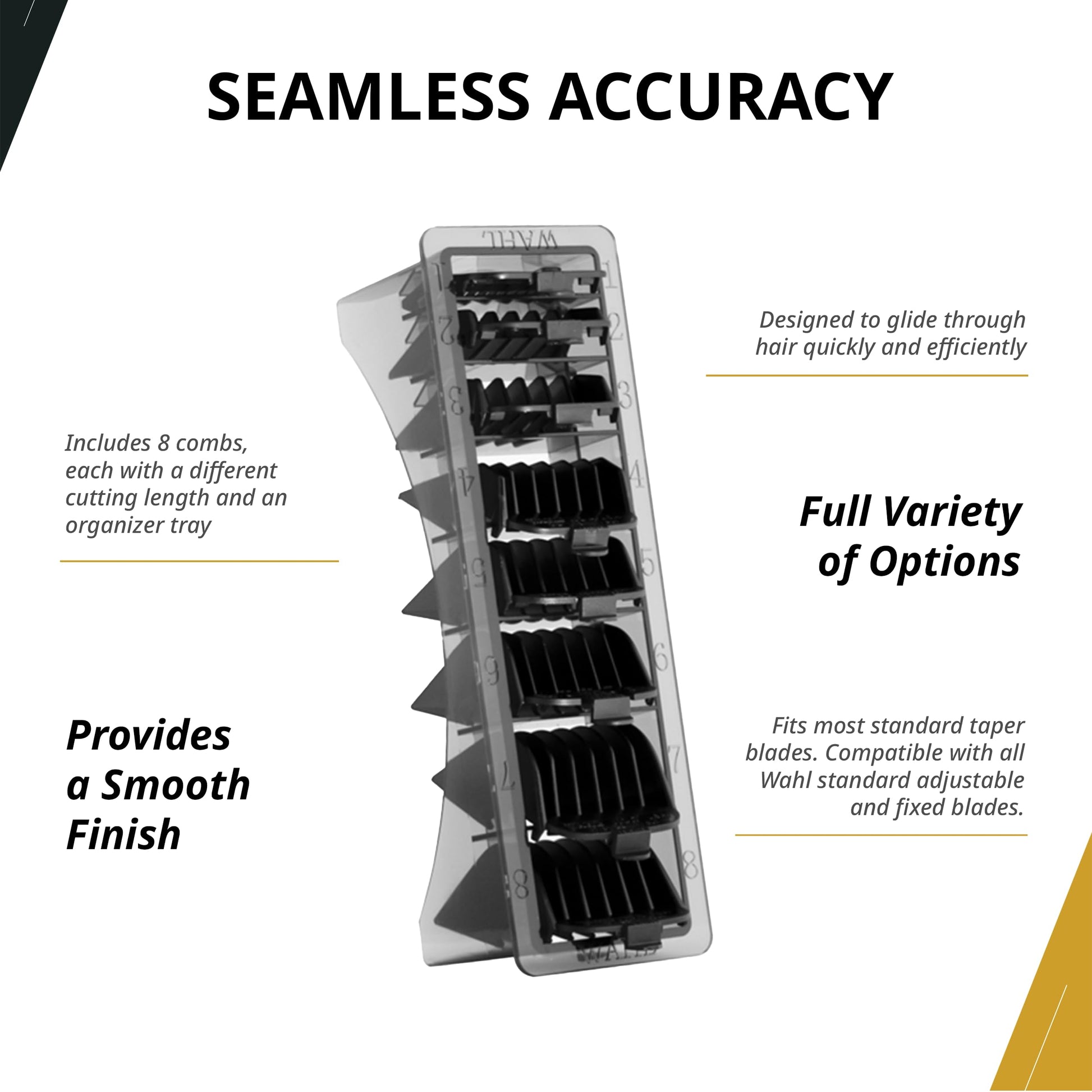 White Smoke Wahl Professional Blistered 1-8 Cutting Guides, Black Clipper Guard Attachments, Durable and Easy to Use