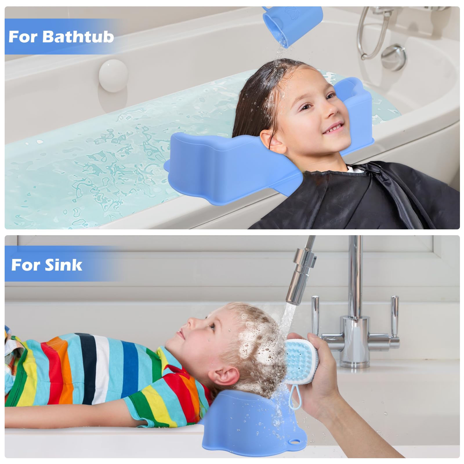 Gray Jhua Portable Hair Washing Station for Kids Sink Bathtub Hair Washing Basin, Silicone Tear-Free Shampoo Bowl Wash Basin with Rinser Cup, Scalp Massager, Neck Support for Children Kids Teens Seniors