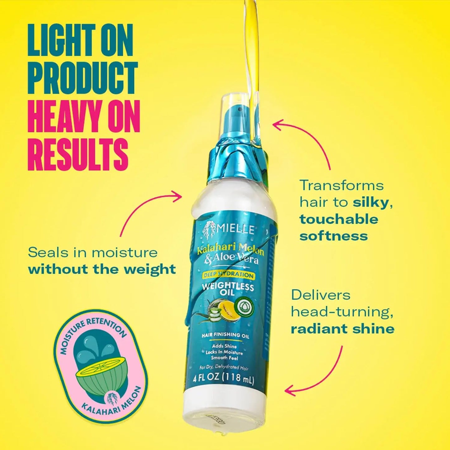Light Goldenrod Mielle Organics Weightless Hair Oil, Kalahari Melon & Aloe Vera Deep Long-Lasting Hydration Hair Treatment for Dry, Curly and Textured Hair, Lightweight, Non-Greasy Formula, 4 Ounce
