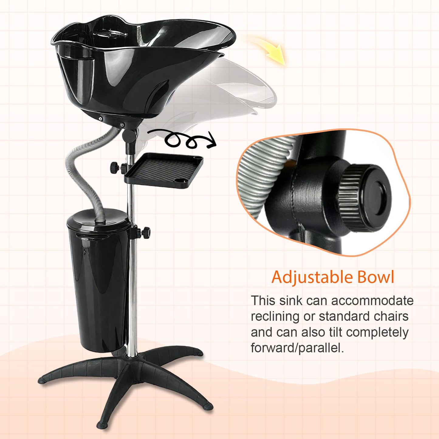 White Smoke HYZSWGC Portable Salon Shampoo Bowl, Height Adjustable Hair Washing Basin with Drain Hose, Black