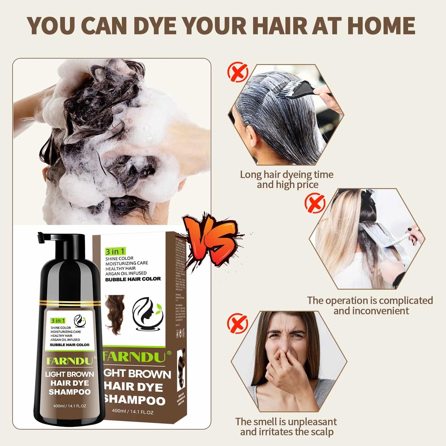 Misty Rose Farndu Light Brown Hair Dye Shampoo, 3 in 1 Instant Hair Color with 15 Min Gray Coverage, Natural Semi-Permanent Herbal Shampoo for Men & Women