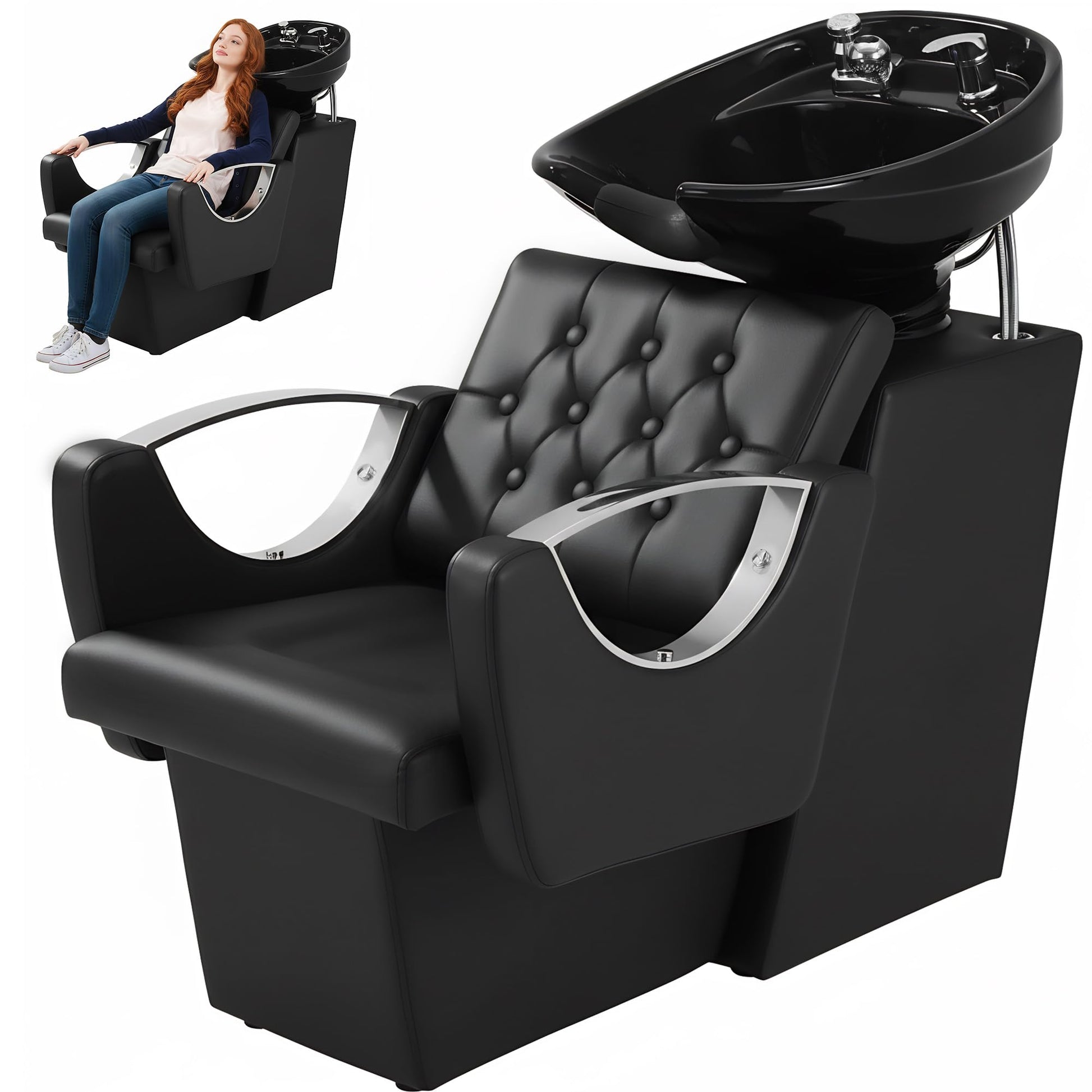 White Smoke Tythical Shampoo Bowl Chair for Salon, Backwash Station Shampoo Sink with Tilting Ceramic Bowl Professional Salon Shampoo Chair for Spa Barbershop Beauty Equipment