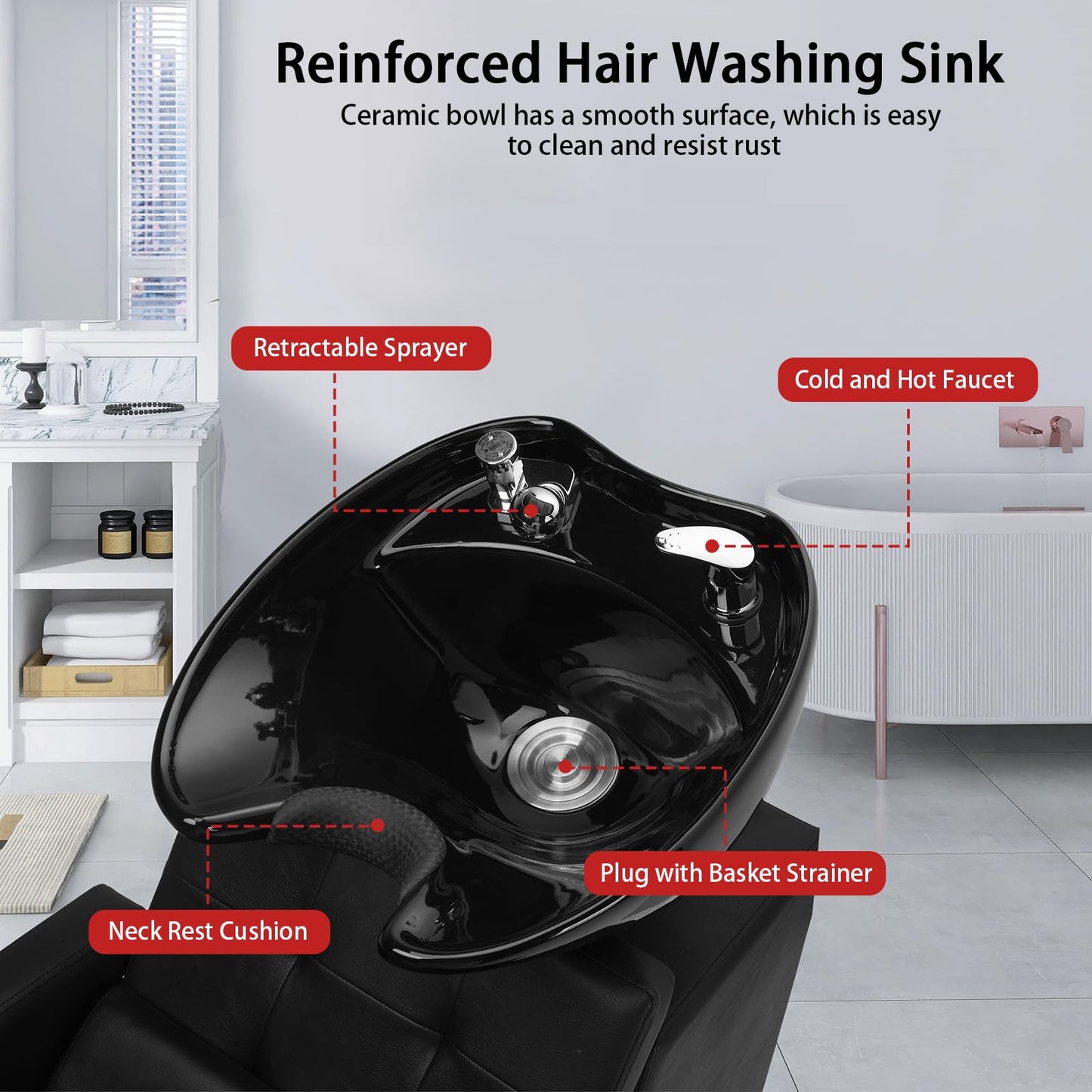 Light Gray Winado Salon Shampoo Backwash Chair, Hair Wash Stations with Large Ceramic Bowl, Adjustable Shampoo Bowl Sink Chair for Barbershop Beauty Spa Massage Hairdressing Equipment