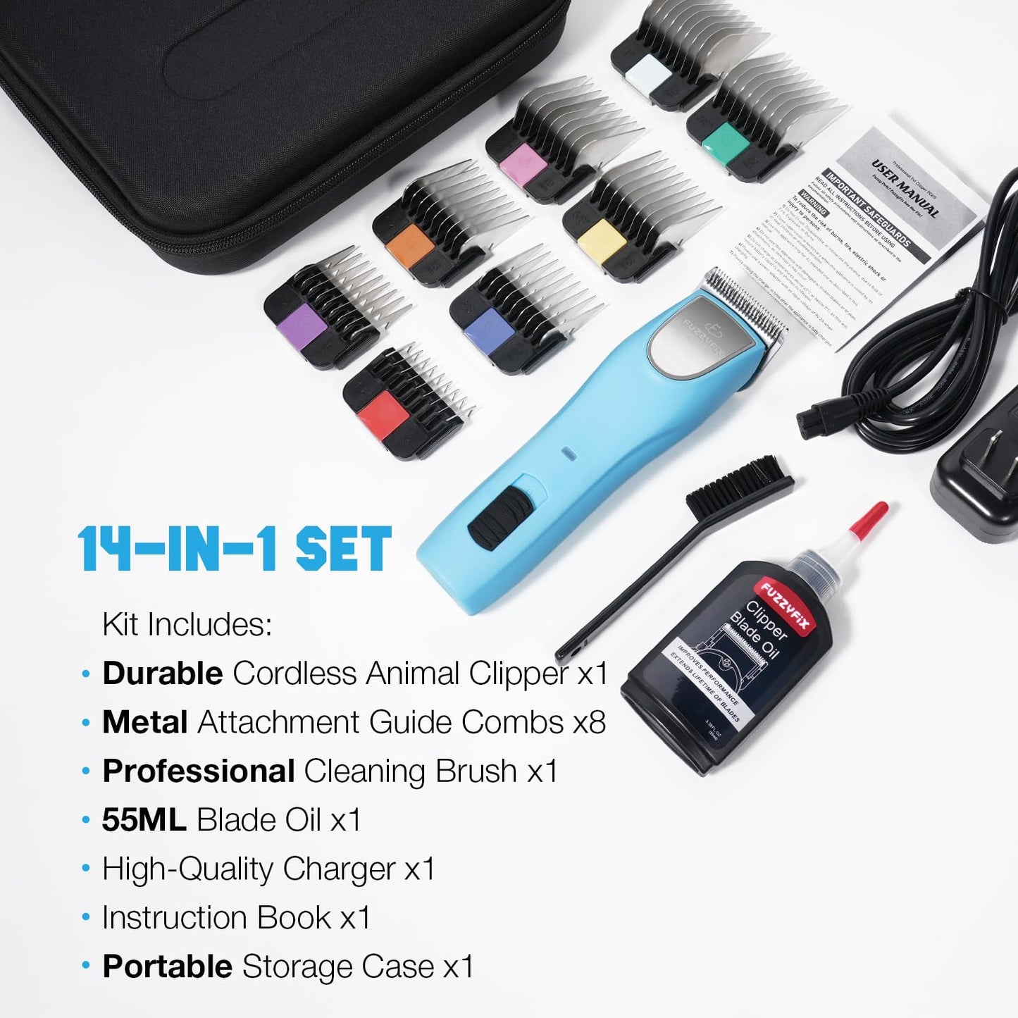 White Smoke FuzzyFix Professional Dog Clippers for Grooming - 2 Speed for Thick Curly Matted Coats, Low Noise Cordless Pet Hair Trimmer with Detachable A5 Blade & Metal Guide Combs Kit for Horse Animal Breeds